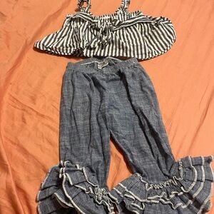 Striped Ruffle Top and Denim Ruffle Pants Set